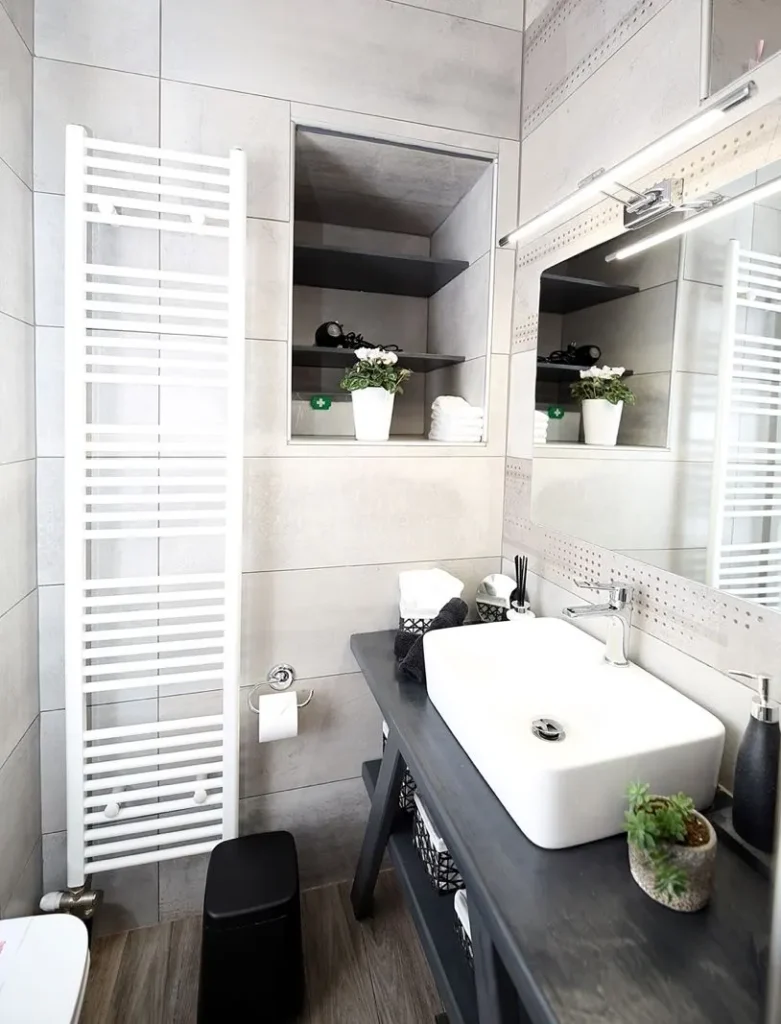 Μοντέρνο μπάνιο με νιπτήρα, θερμαντικό σώμα πετσετών και διακοσμητικά φυτά σε τουριστικό κατάλυμα στην Πορταριά.